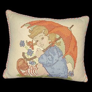 Vintage Cross Stitch Needlepoint Pillow Little Girl With Umbrella 9" x 11"‎